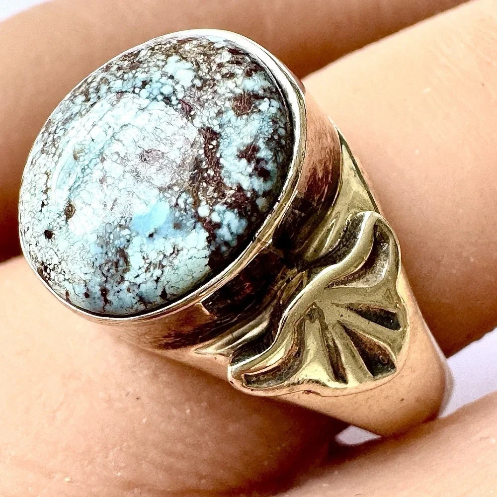 Navajo Mens Turquoise Band Blue Golden Hills Sz 10 Ring 14mm Signed AT Native